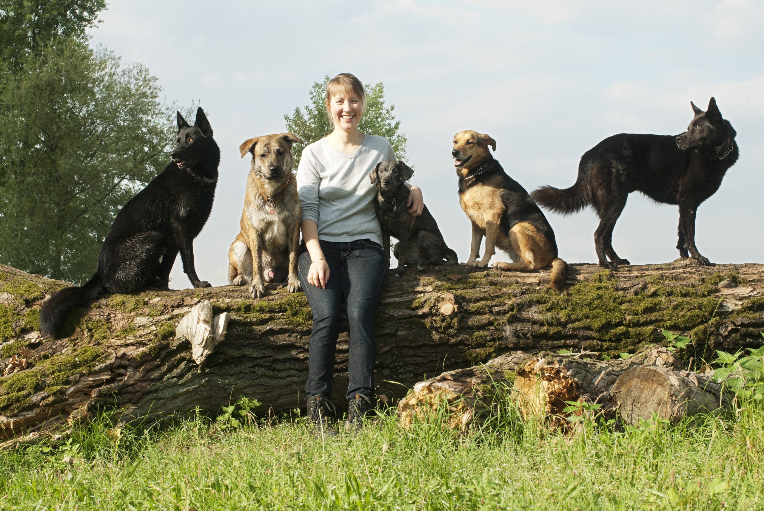 Hundetrainerin Christine Wasilijew mit Hunden auf dem Baumstamm.
